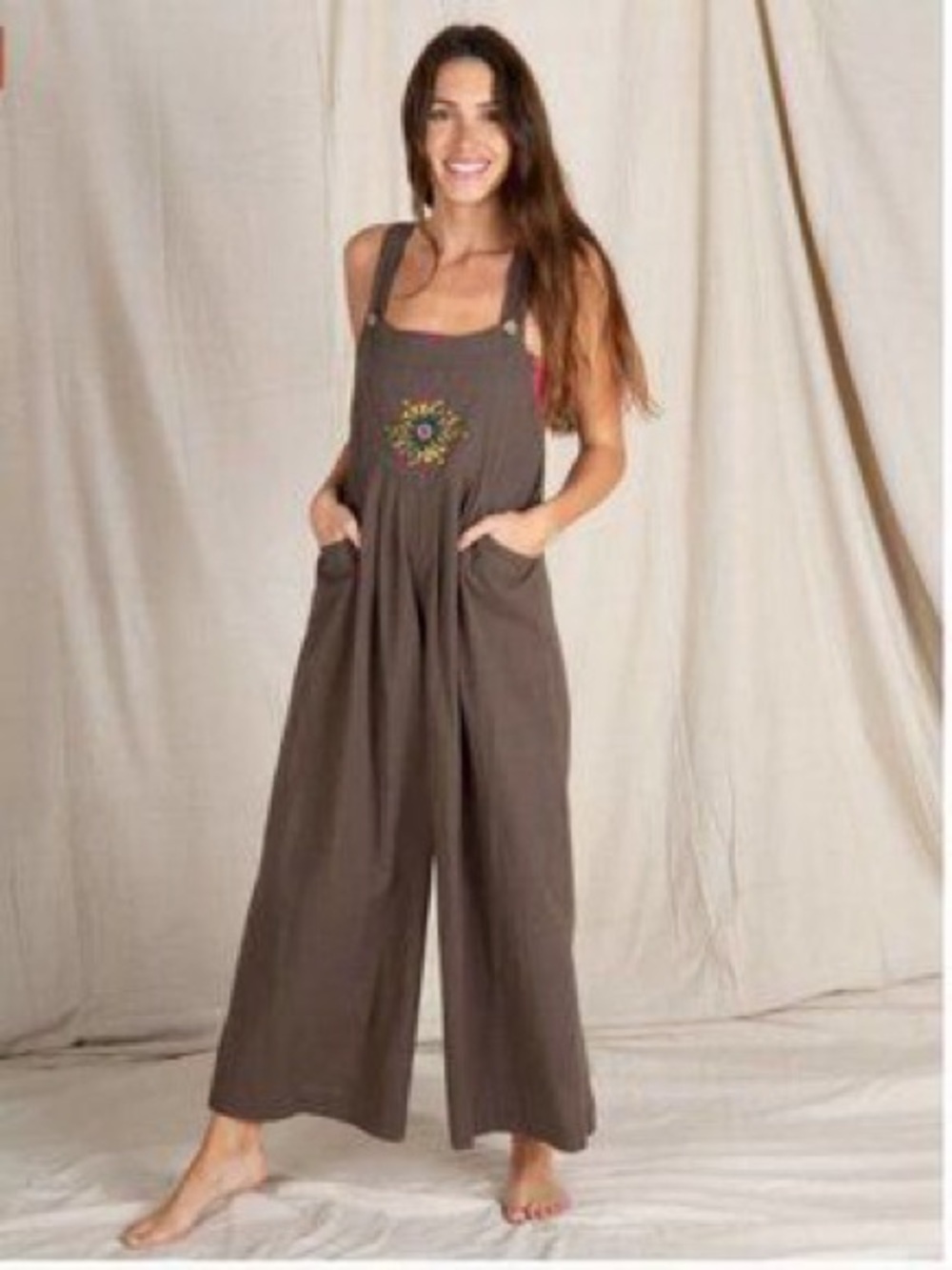 NATURAL LIFE Brown Embroidered Wide-Leg Jumpsuit | S